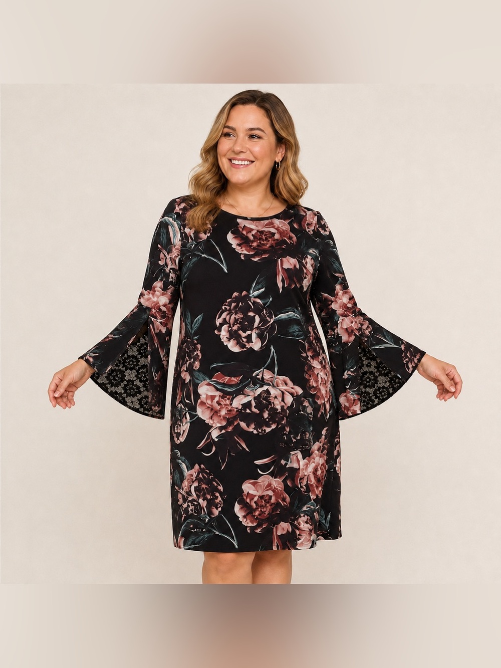 Jax Black Label • Floral Shift Dress w/ Lace Inlay Bell Sleeves • Size 16 • EUC